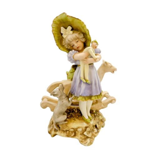 Antique Victorian Ernst Wahliss Austrian Turn Wein Porcelain Figurine, Young Girl with Dog