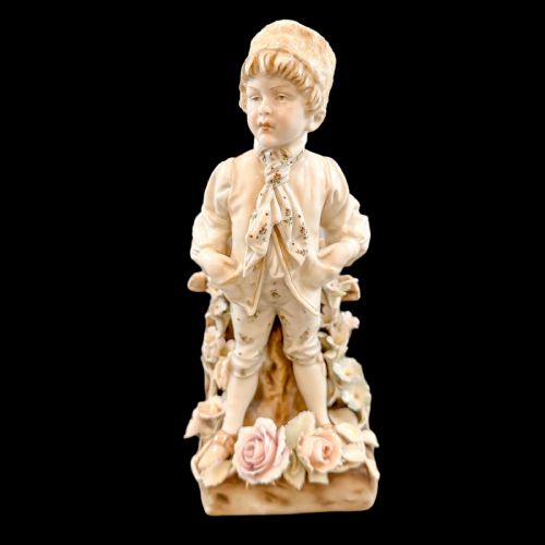 Antique Victorian Austrian Porcelain Teplitz Wien "Boy Among Flowers" Figurine