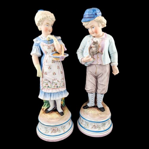 Pair of Large Antique 19th Century French Bisque Porcelain Figurines