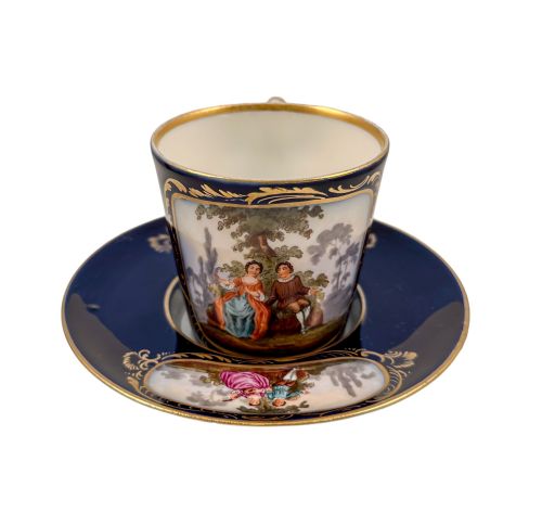 19th Century 'Augustus Rex' German Porcelain Trembleuse Cup and Matching Saucer, Courting Couples Design
