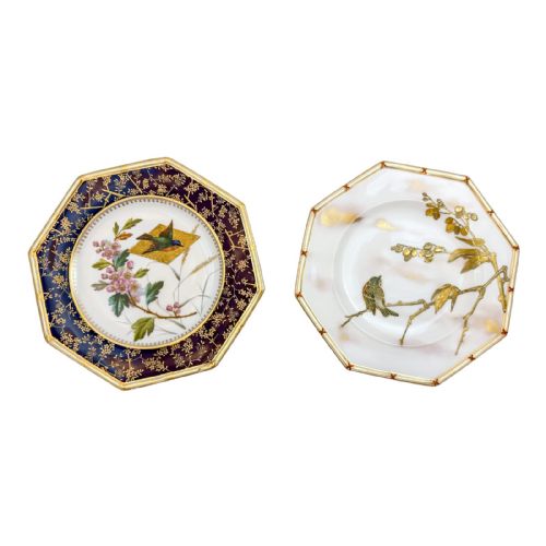 Pair of Aesthetic Movement Octagonal Wedgwood Porcelain Plates, Gilt Floral and Bird Design