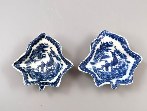 fig 1. Two Caughley porcelain pickle leaf dishes in Fisherman & Cormorant / Pleasure Boat Pattern, c. 1780