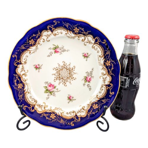 fig 1. Antique Coalport dessert plate, hand-painted roses and gilt scrolls