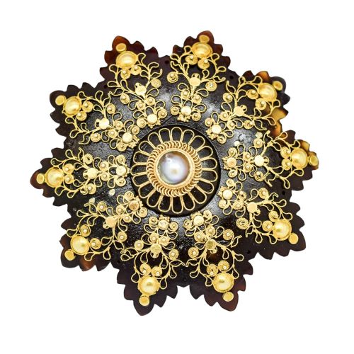 Antique Georgian Tortoiseshell Flowerhead Brooch, Gold Cannetille and Natural Split Pearl