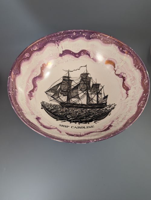 fig 3. Sunderland Pink Lustre Large Bowl with transfer ‘Ship Caroline’, c. 1899.