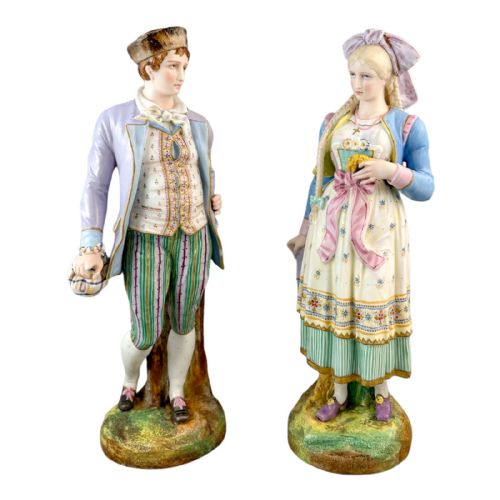 Antique French 1870'S Louis Philippe Limoges Bisque Porcelain Figural Pair of Young Man and Woman