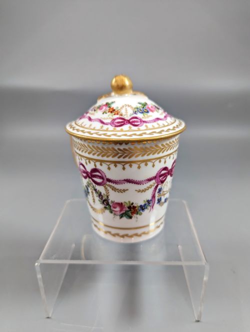 fig 1. Floral and gold mid-18th century Sèvres style cup, saucer and lid set