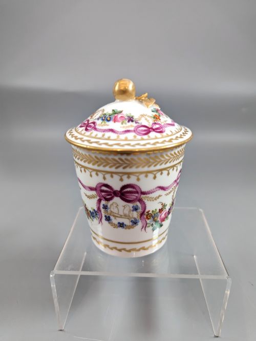 fig 2. Floral and gold mid-18th century Sèvres style cup, saucer and lid set