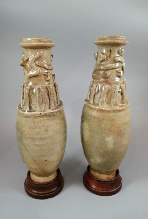Couple of Antique Chinese Celadon Funeral Vases, Song Dynasty (960 to 1279).