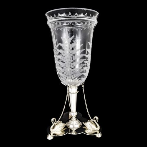 Antique Mid-victorian Mappin & Webb Glass Celery Vase Engraved with Ferns on Silver Plated Swan Stand
