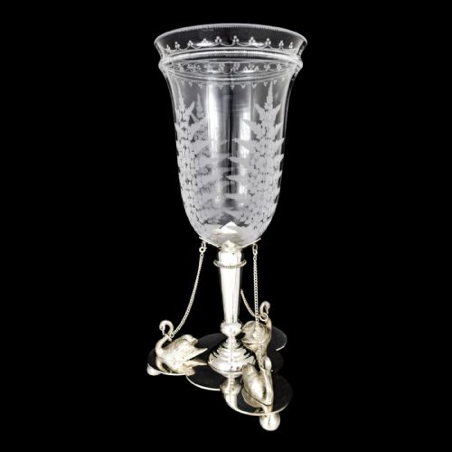 fig 1. Antique mid-Victorian Mappin & Webb glass celery vase engraved with ferns on silver plated swan stand