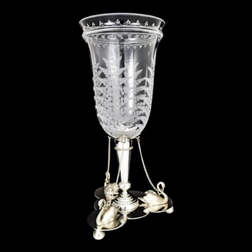 fig 2. Antique mid-Victorian Mappin & Webb glass celery vase engraved with ferns on silver plated swan stand