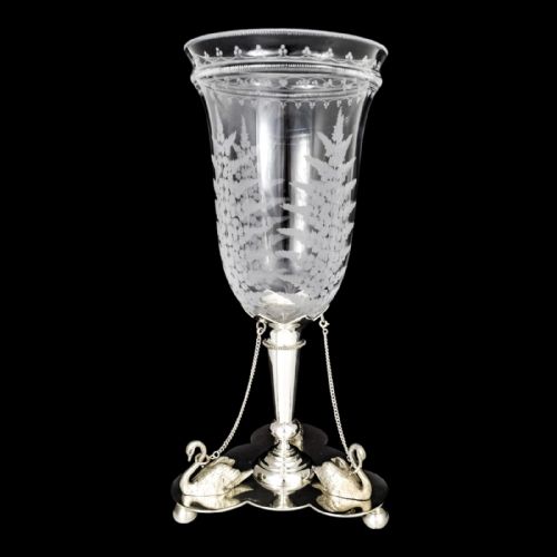 fig 3. Antique mid-Victorian Mappin & Webb glass celery vase engraved with ferns on silver plated swan stand