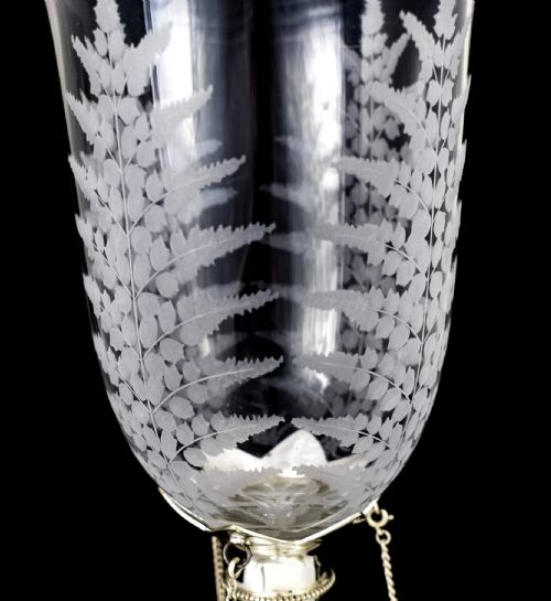 fig 4. Antique mid-Victorian Mappin & Webb glass celery vase engraved with ferns on silver plated swan stand