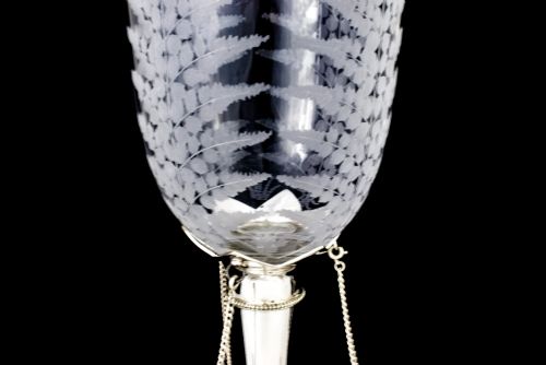 fig 5. Antique mid-Victorian Mappin & Webb glass celery vase engraved with ferns on silver plated swan stand