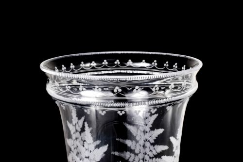 fig 6. Antique mid-Victorian Mappin & Webb glass celery vase engraved with ferns on silver plated swan stand