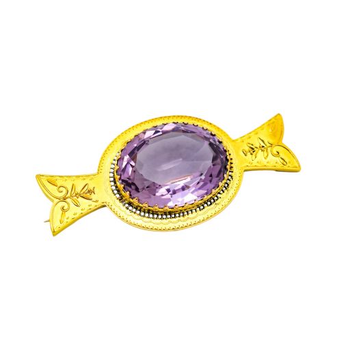 Antique Victorian Etruscan Revival 18ct Yellow Gold Brooch, 28ct Amethyst, 1892