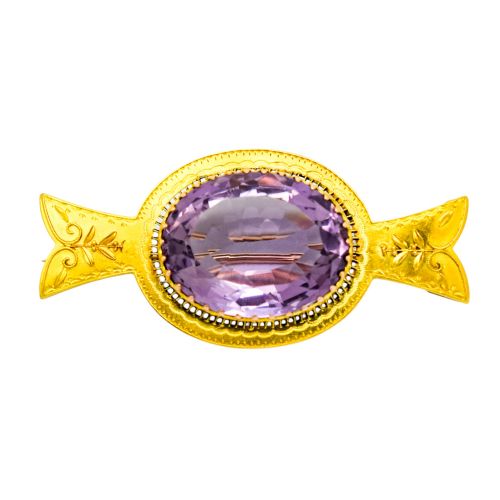 fig 1. Antique Victorian Etruscan revival 18ct yellow gold brooch, 28ct amethyst, 1892