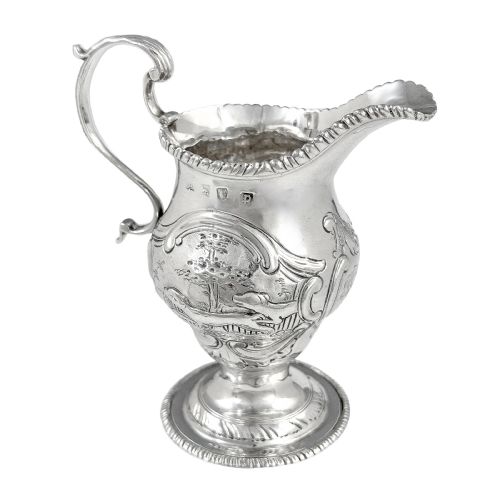 Antique George III Sterling Silver Milk Jug on Pedestal Foot with Hunting Scenes, Walter Brind, 1770