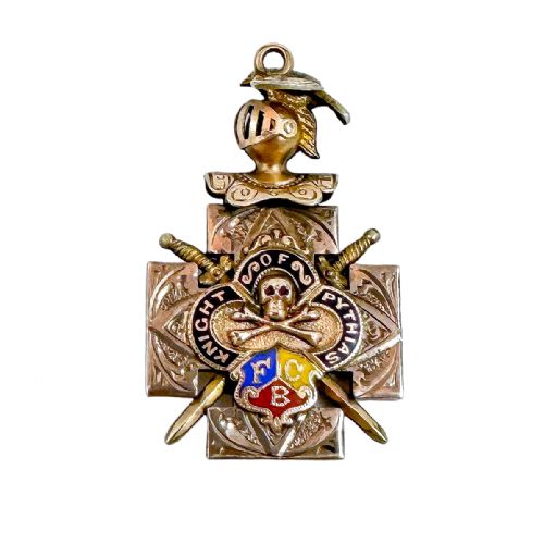 10k Yellow Gold Knights of Pythias Secret Society Watch Fob Pendant with Ruby Skull and Crossbones