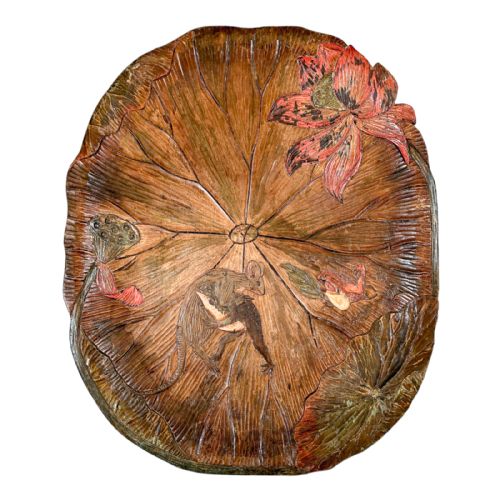 Antique 1900'S French Art Nouveau Wooden Tray / Wall Plaque; Frog Wrestling a Mouse Surrounded by Water Lilies