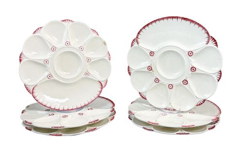 fig 1. Antique set of six mid-Victorian English Minton majolica white and pink oyster plates