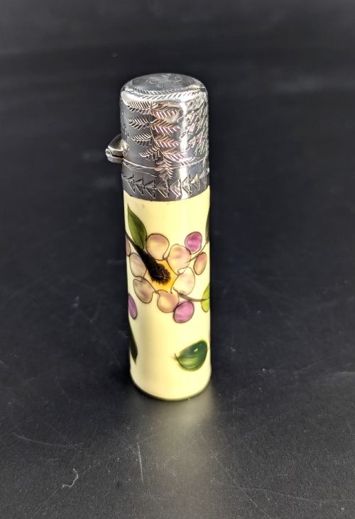 Antique  Hand Painted Ceramic Scent, Perfume Bottle Repousse Sterling Silver Top
