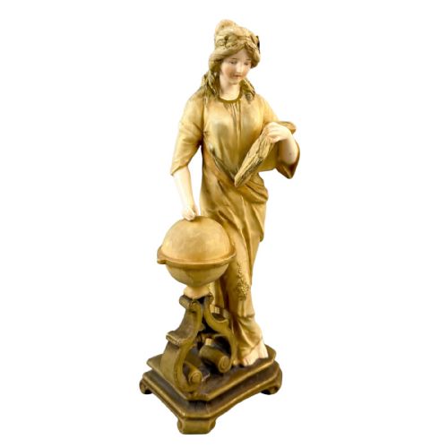 Antique Art Nouveau Ernst Wahliss Turn Wein Porcelain Figurine of Young Woman, Allegory of "Geography"