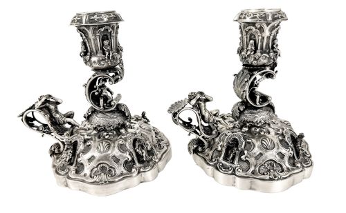 Hanau - Renaissance Revival Pair of Large Figural Candlesticks with Pan, Cherubs and Musicians