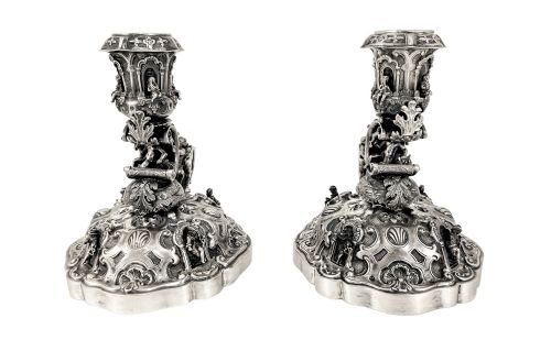 fig 1. Hanau - Renaissance Revival pair of large figural candlesticks with Pan, cherubs and musicians
