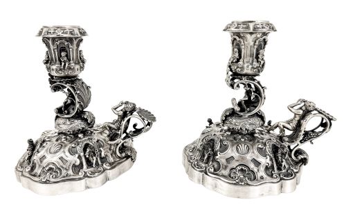 fig 2. Hanau - Renaissance Revival pair of large figural candlesticks with Pan, cherubs and musicians