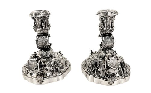 fig 3. Hanau - Renaissance Revival pair of large figural candlesticks with Pan, cherubs and musicians