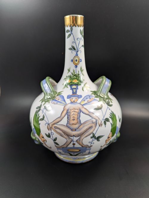 ANTIQUE FRENCH ARMONIAL DOUBLE HANDLED FAIENCE FLASK 19TH CENTURY