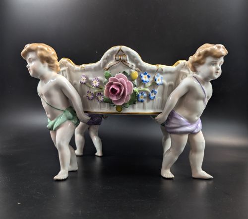 Antique German Schierholtz Figural Hand-painted Porcelain Cherubim Vase