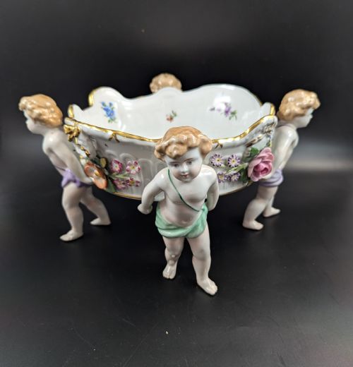 fig 1. Antique German Schierholtz Figural Hand-Painted Porcelain Cherubim Vase