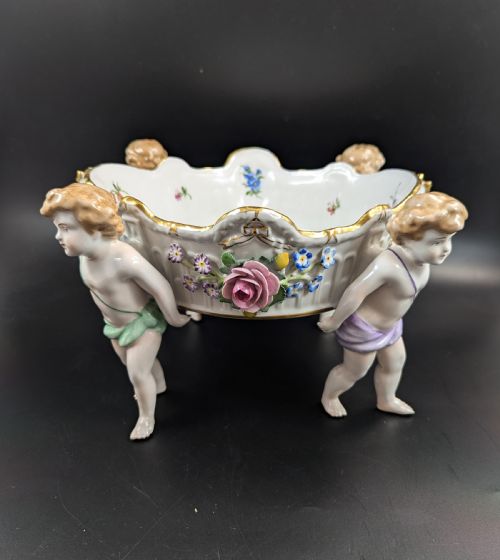 fig 2. Antique German Schierholtz Figural Hand-Painted Porcelain Cherubim Vase