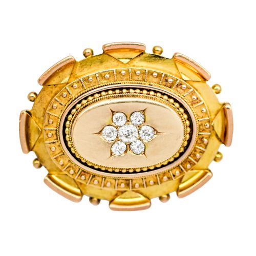 Antique Victorian Etruscan Revival 15ct Gold Locket Brooch, 0.6ct Old-cut Diamonds, 13.22g
