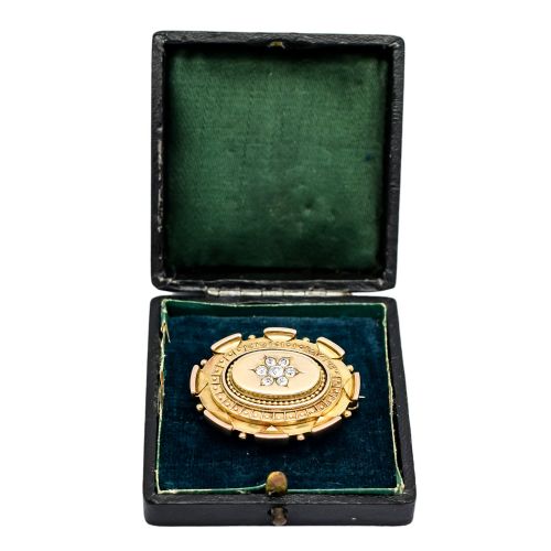 fig 1. Antique Victorian Etruscan Revival 15ct gold locket brooch, 0.6ct Old-cut diamonds, 13.22g
