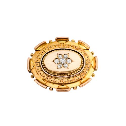fig 2. Antique Victorian Etruscan Revival 15ct gold locket brooch, 0.6ct Old-cut diamonds, 13.22g