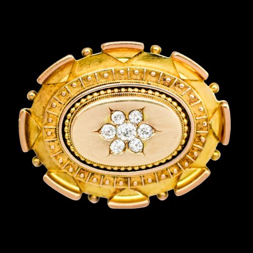 fig 3. Antique Victorian Etruscan Revival 15ct gold locket brooch, 0.6ct Old-cut diamonds, 13.22g