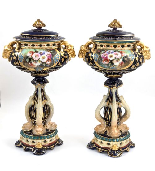 Antique Rudolstadt Rw Vases with Dolphins, Late 19th Century