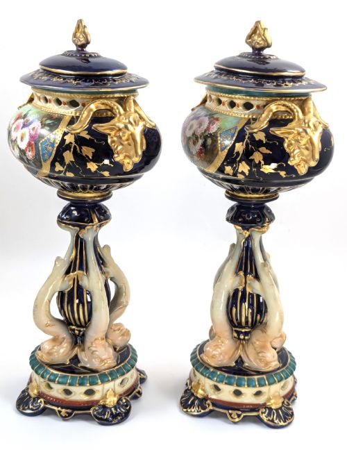 fig 1. Antique Rudolstadt RW Vases with Dolphins, Late 19th Century