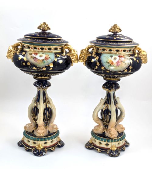 fig 3. Antique Rudolstadt RW Vases with Dolphins, Late 19th Century