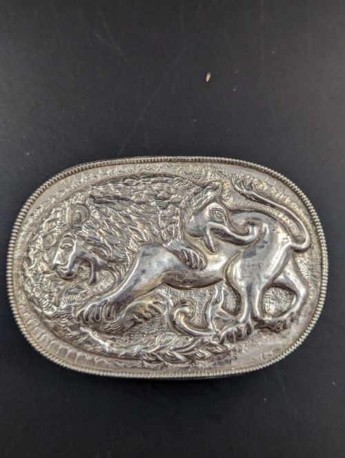 Antique Silver Snuff Box Depicting a Battle between a Lion and a Mythological Beast