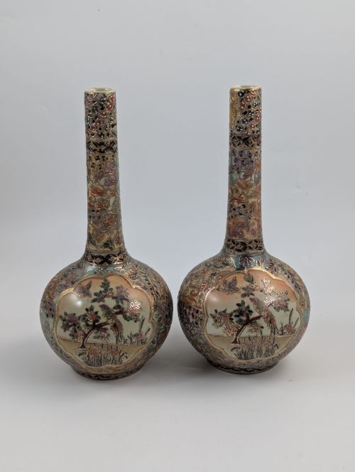 Antique Handpainted Bud Vases, Satsuma, Signed by Gyokushu, Meiji Period (1868-1912).