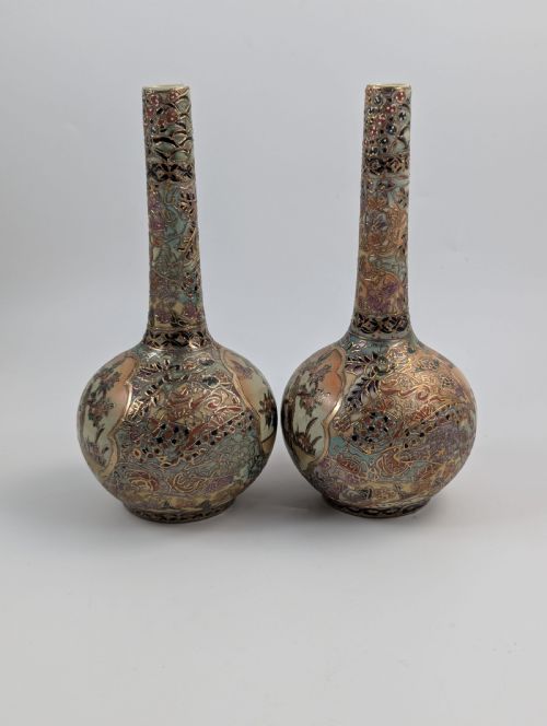 fig 1. Antique Handpainted Bud Vases, Satsuma, signed by Gyokushu, Meiji period (1868-1912).