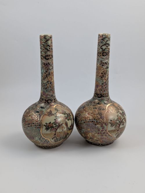 fig 2. Antique Handpainted Bud Vases, Satsuma, signed by Gyokushu, Meiji period (1868-1912).
