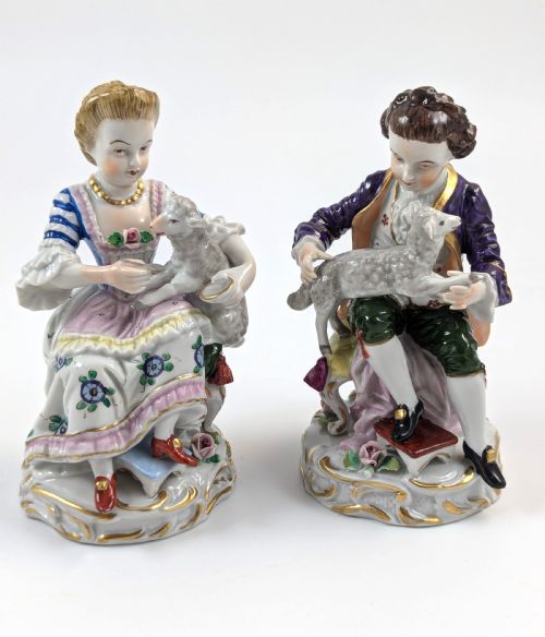 Antique Pair of Porcelain Figurines by Sitzendorf Factory, Germany, C. 1918