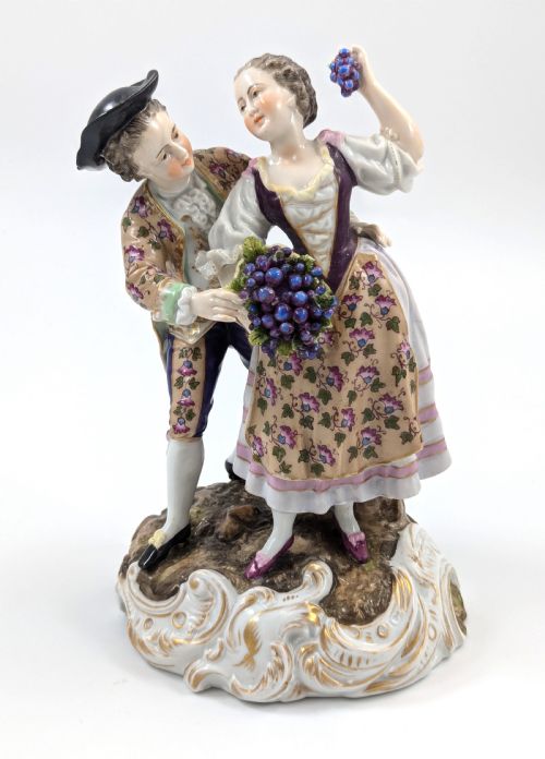 Antique Porcelain Figurine Couple, Triebner, Ens & Eckert, Volkstedt, C. 1877-1894.