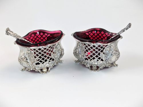 Pair of Edwardian Silver Salts with Ruby Glass Liners, 1902